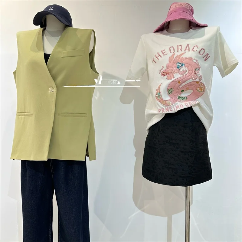 New Chinese Style Heavy Embroidery Sequin Dragon Year Short Sleeve T-Shirt Women Summer Loose Base Shirt Top Korean Style Cotton view 2