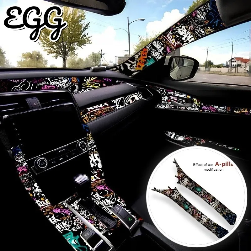 

Car Interior Self-adhesive Stickers Cloth Adhesive Wrap Films Graffiti Pattern Car Sticker Decal Interior Modification AB Pillar