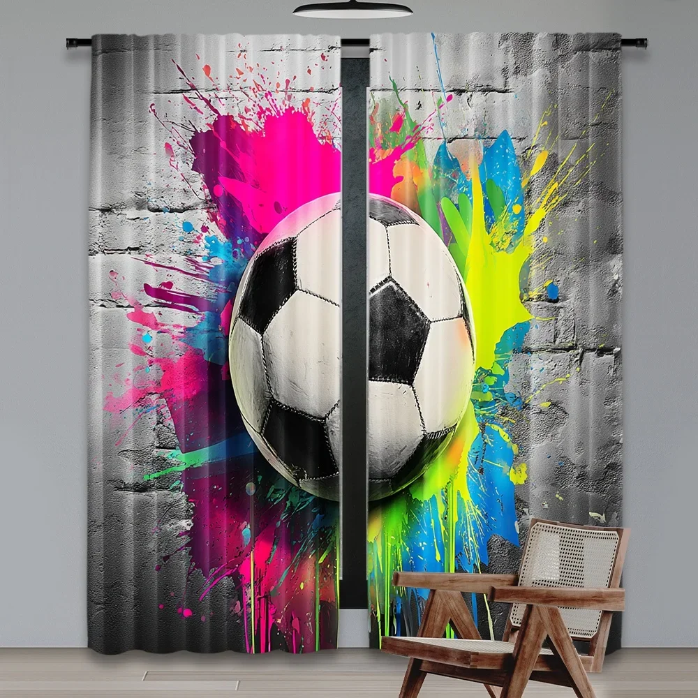 2D الطباعة المسطحة 2 قطعة الستائر كرة القدم اللون سبلاش الرقمية المطبوعة البوليستر الستائر احتفالية للعام الجديد #4