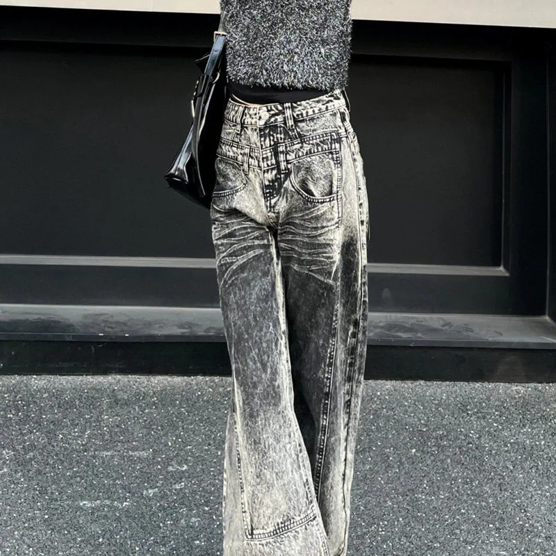 2024 Cyber Y2K Streetwear Tie Dye Vintage Grey Baggy Jeans Pants For Women Clothes Wide Leg New Rock Straight Goth Lady Trousers