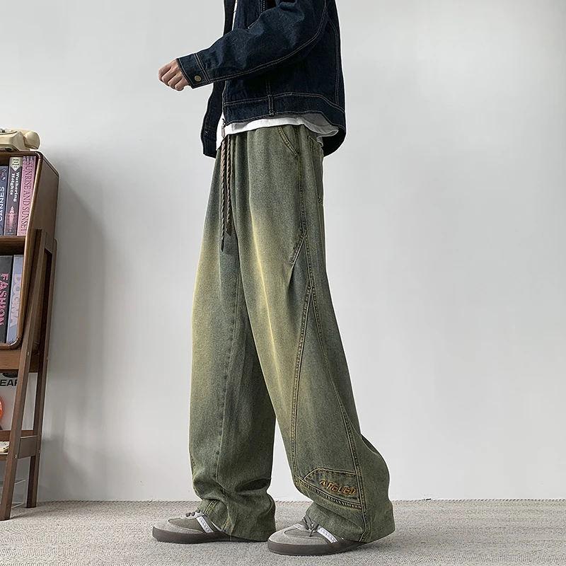 2026 Spring New American Retro Washed Wide Leg Jeans for Men Trendy Brand Splicing Loose Casual Pants