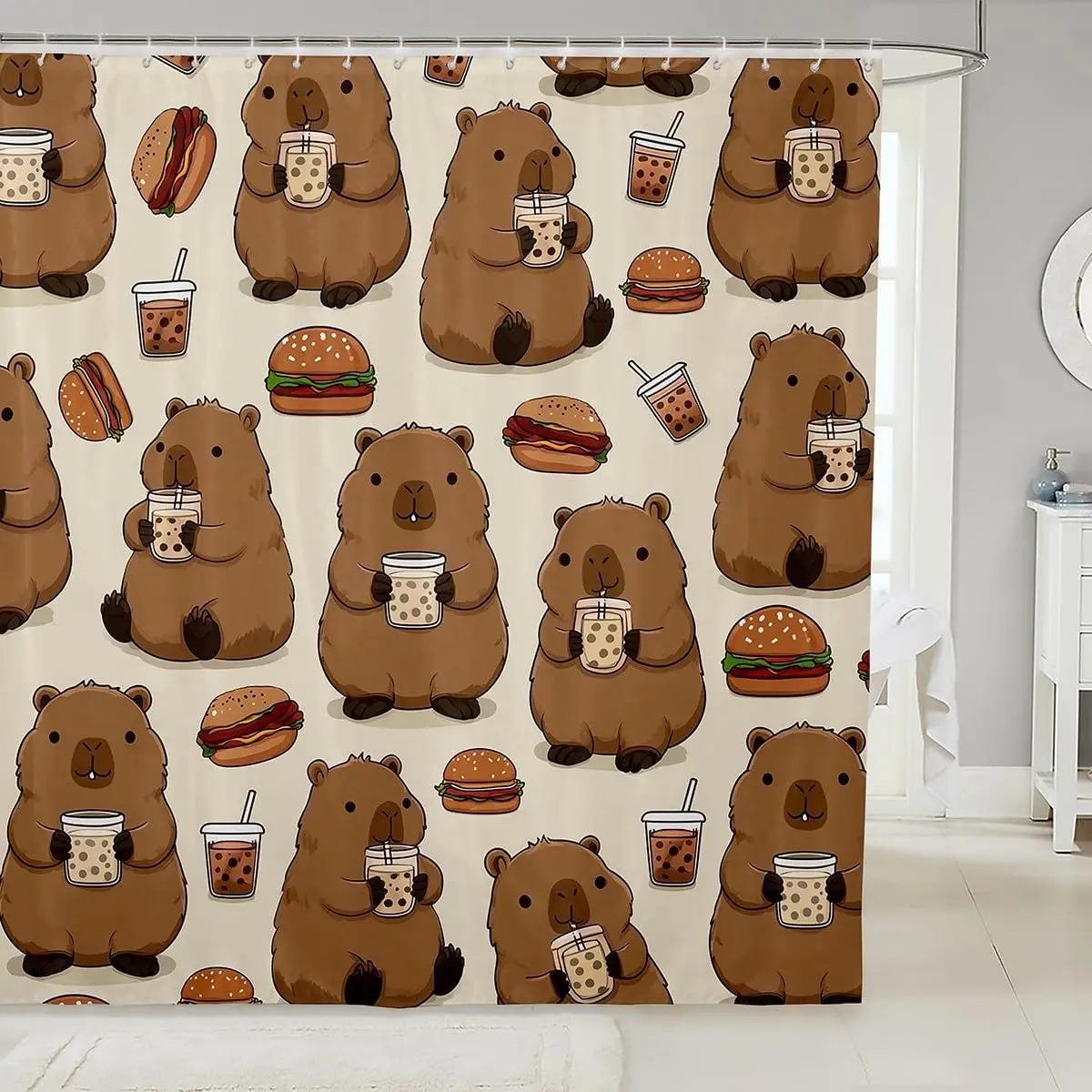 

Cute Capybara Shower Curtain, Cartoon Capybara with Bubble Tea & Burger Print,Waterproof Fabric for Bathroom, Funny Foodie Decor