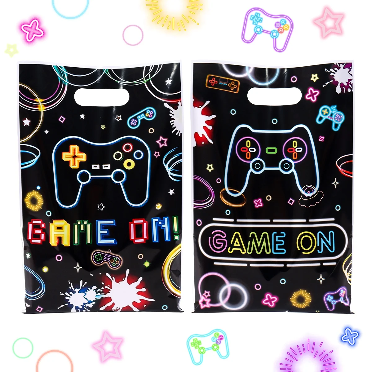 10/20/50 Stück Geschenktüten mit Gaming-Thema, fluoreszierendes Game-on-Design, Plastiktüten für Familientreffen, Geburtstagsfeier-Dekoration – Detail 8