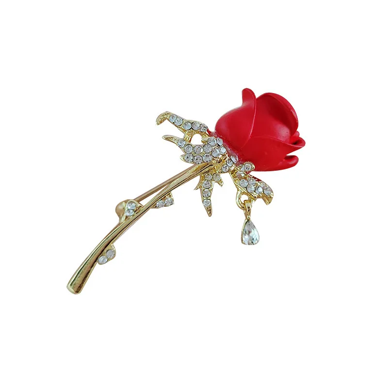 Fashion Red Enamel Rose Brooches For Women Men Classic Elegant Rhinestone Tulip Flower Brooch Lapel Pins Party Jewelry Lady Gift
