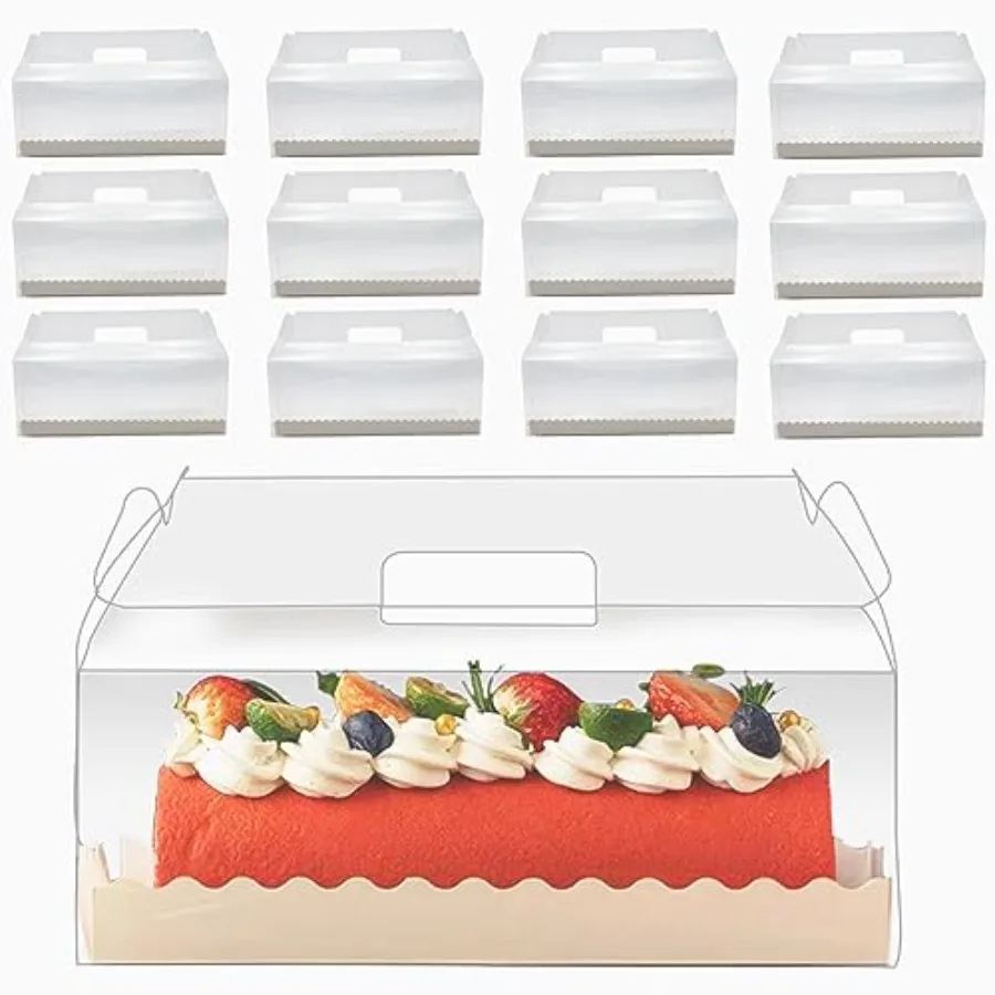 

20 Pcs 11 Inch Roll Cake Gable Boxes with Handle and Cake Boards Transparent Plastic Gift Boxes Easy Carrying Pastry Containers