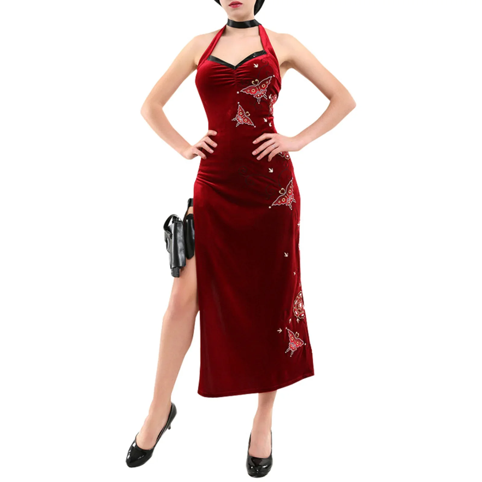 

Halloween Ada Wong Cosplay Costume Red Long Dress Made of Velvet Fabric，Ada Wang cosplay red cheongsam