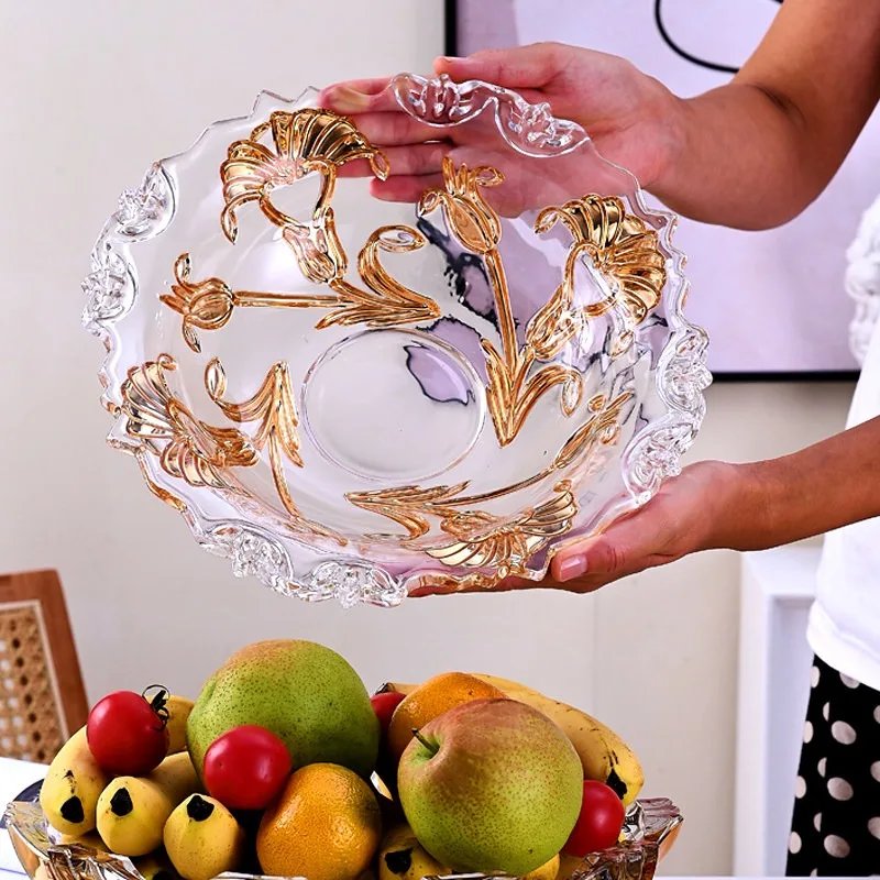 Exquisite Gold-plated Glass Fruit Plate Enamel Color Series High-end Coffee Table Living Room Ornament Modern Popular Style