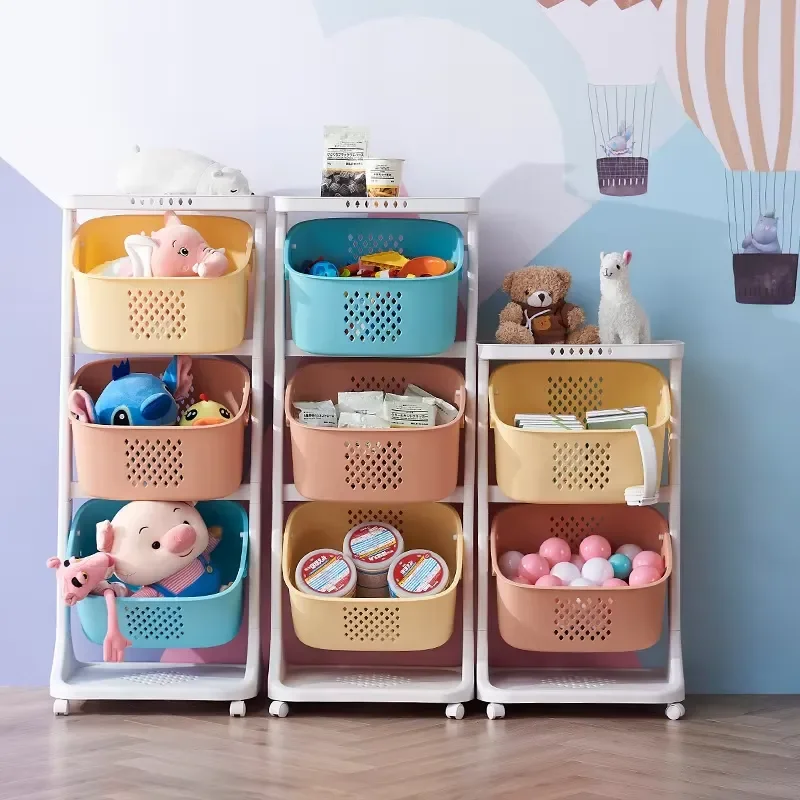 New Colored Plastic Children Laundry Basket Kitchen Storage Shelf with Wheels