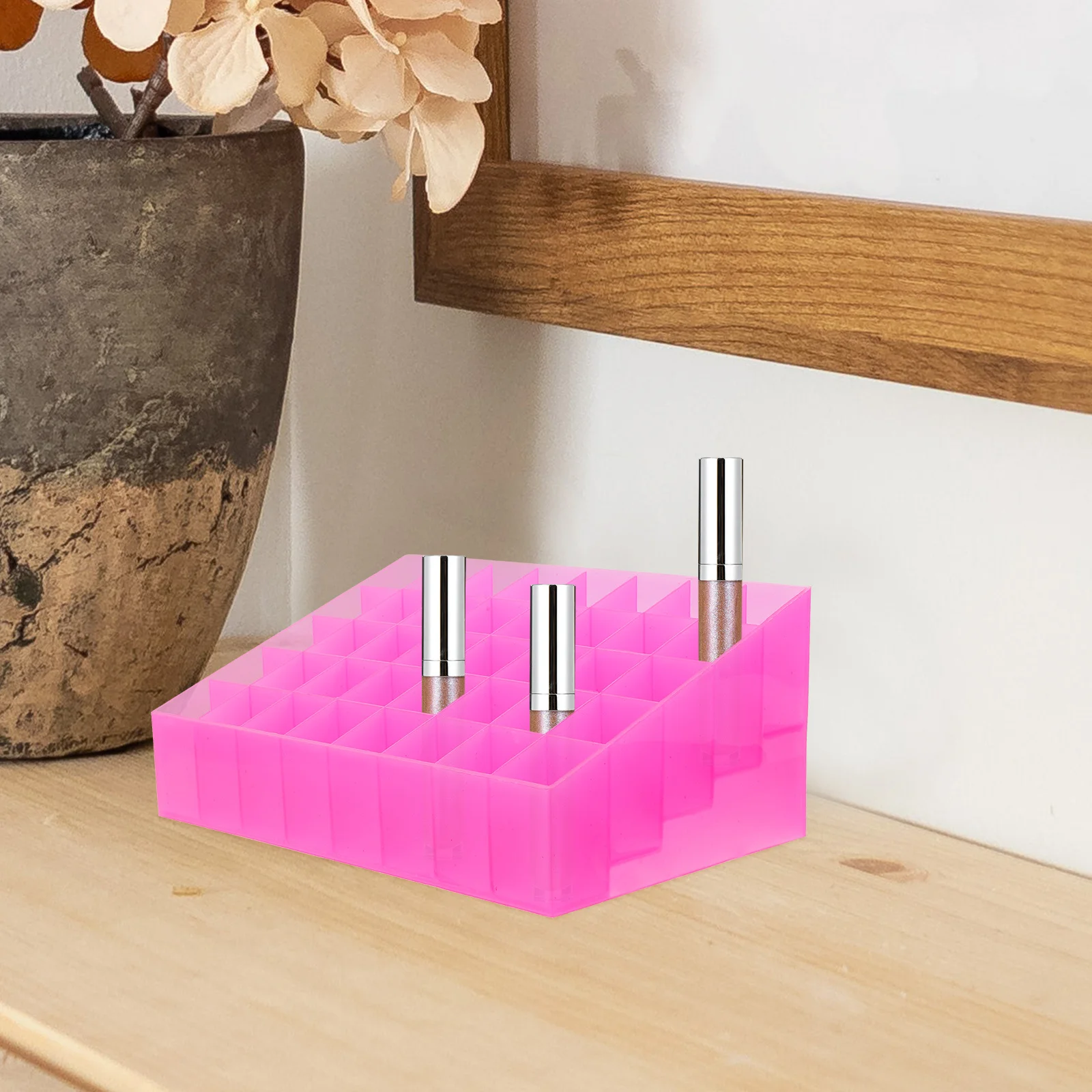 

40 Slots Storage Canister Stylish Holder for Lipstick Jewelry and Small Essentials Desktop Organizer Box Pink