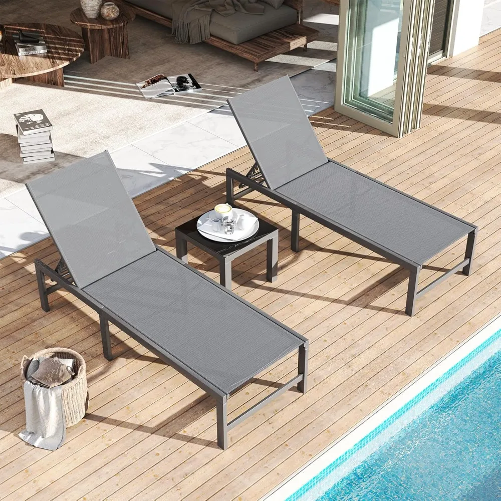 

Outdoor Lounge Chairs Set of 3, Patio Chaise Lounge with Table, Pool Chaise Lounge for Sun Tanning Lay Flat Poolside Lounger.