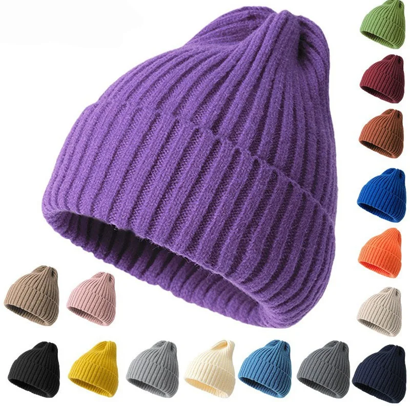 

Autumn Winter Warm Knitted Beanie Hats Solid Color Single Layer Thick Caps Unisex Couple Crochet Skullies Hat Wind Proof Beanies