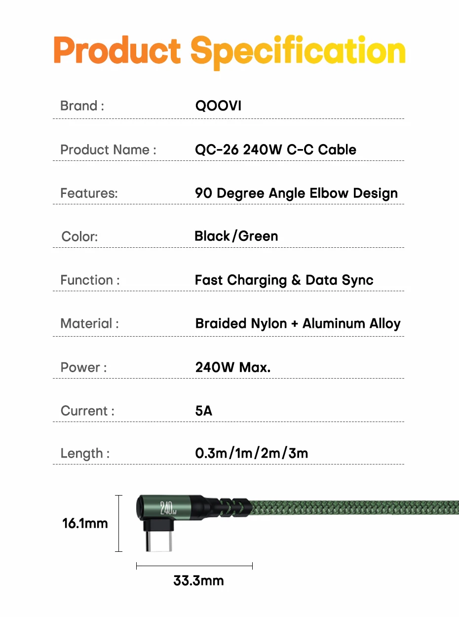 QOOVI PD240W Elbow Cable Ultra Fast Charging USB Type C Cable PD3.1 Quick Charge for Laptop Samsung Xiaomi iPhone 17 MacBook