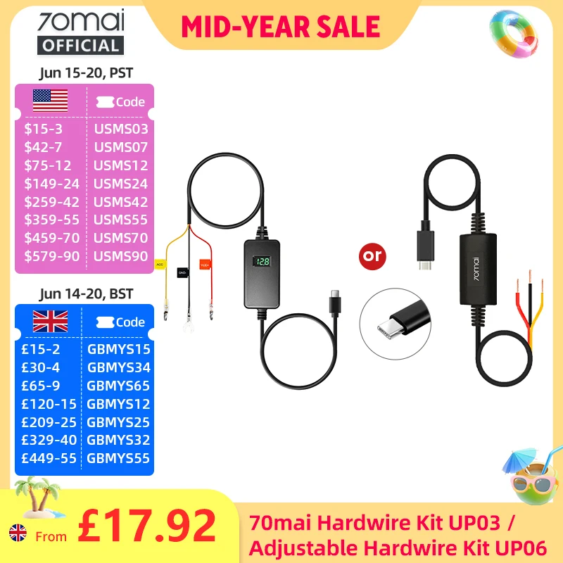 70mai Adjustable Hardwire Kit UP06, 70mai Hardwire Kit UP03, Type-C Interface 24H Parking Surveillance 70mai UP03 70mai UP06