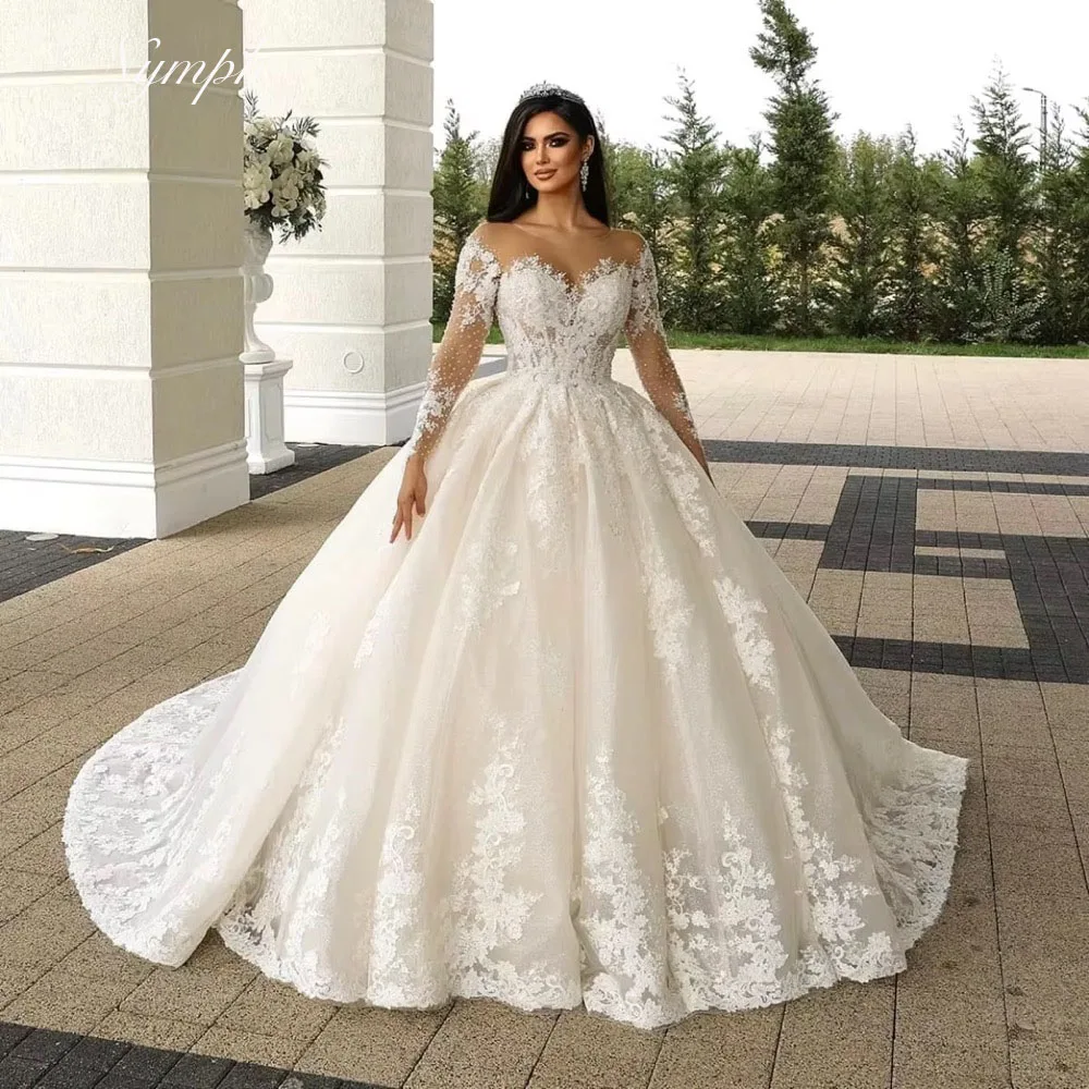 Customized 2025 Illusion Neck Church Wedding Dress Long Sleeve Robe Lace Beading Bride Dress Ball Gown Women Vestidos de novia