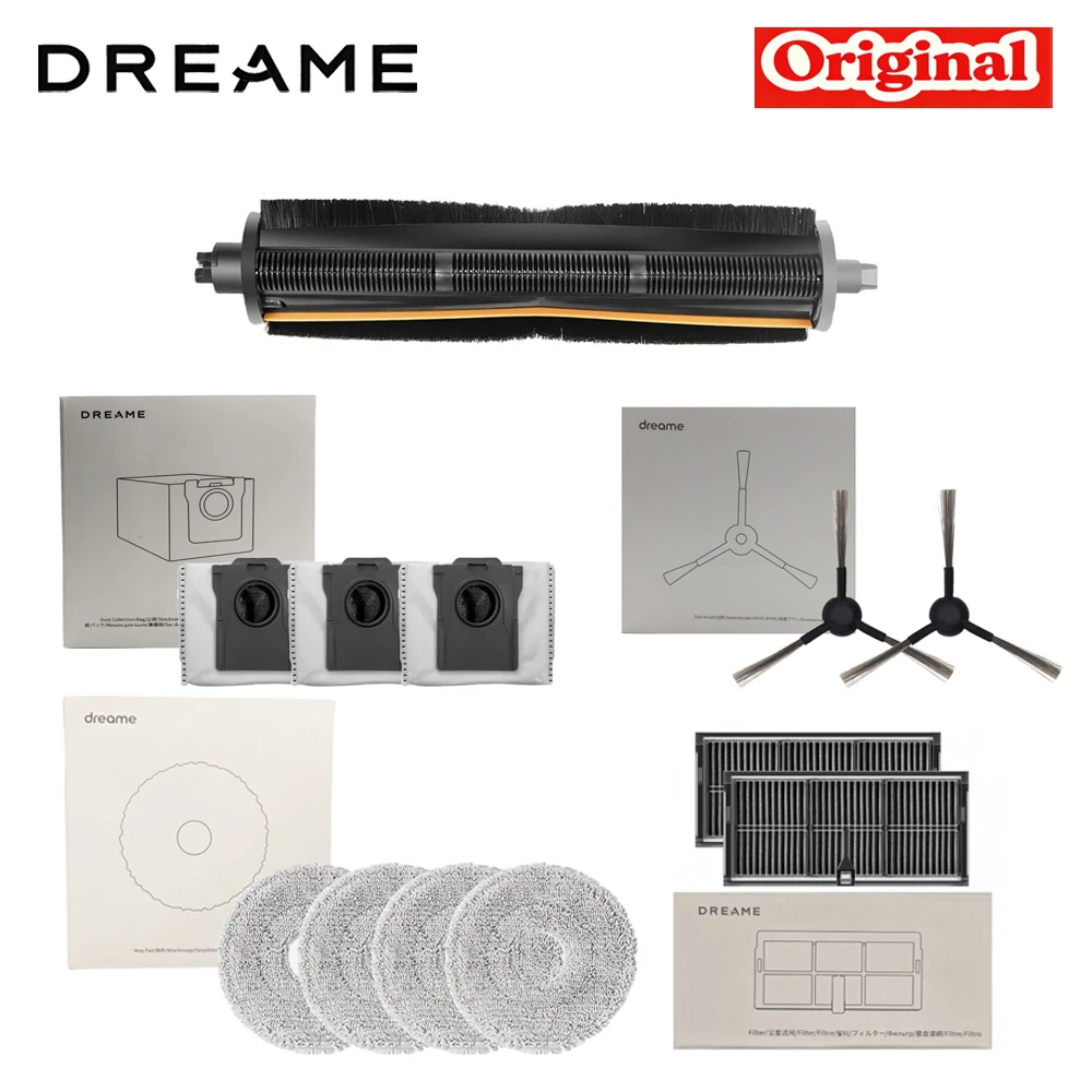 Originele Dreame L40 Ultra AE / L40s Ultra CE / D20 Ultra onderdelen voor stofzuigers: hoofdborstel, zijborstel, filter, dweilpad en stofzak.