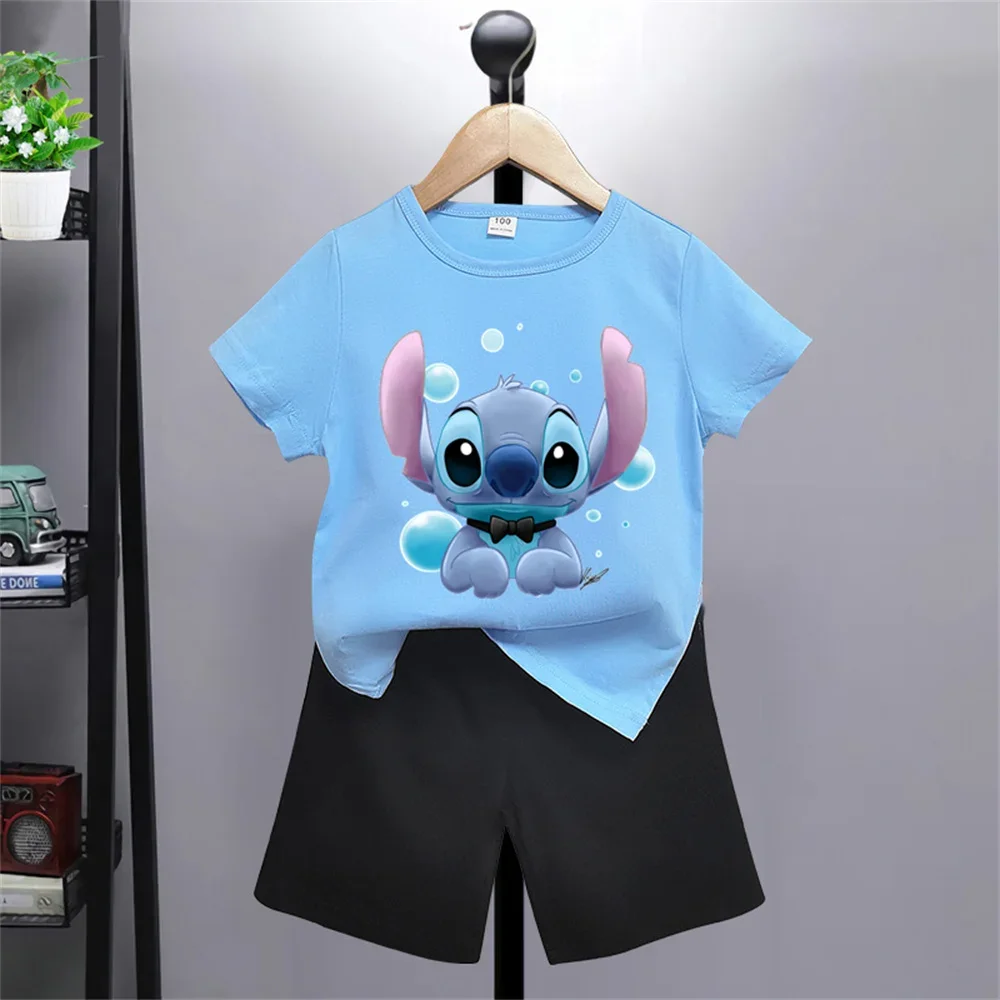 Summer 2024 Cute and Fun Disney Cartoon Boys Girls Printed T-shirt + Shorts Set Top Cotton Short Sleeve Shorts Gift