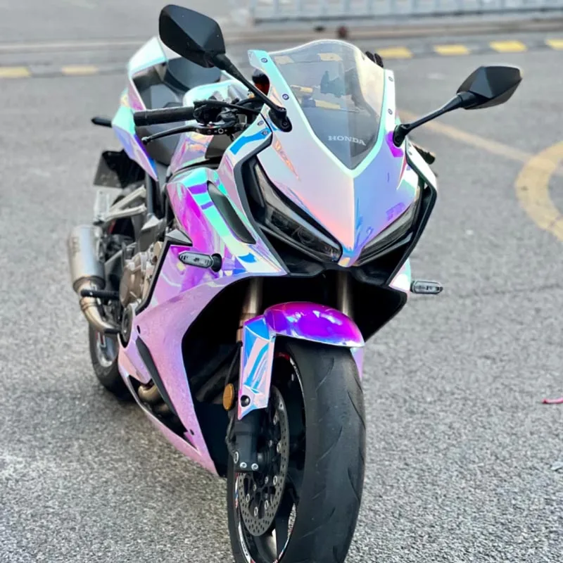 Premium Glossy Holographic Rainbow Chrome White Vinyl Wrap Film Roll DIY Self Adhesive Car Decal Wrapping Foil Air Release view 2