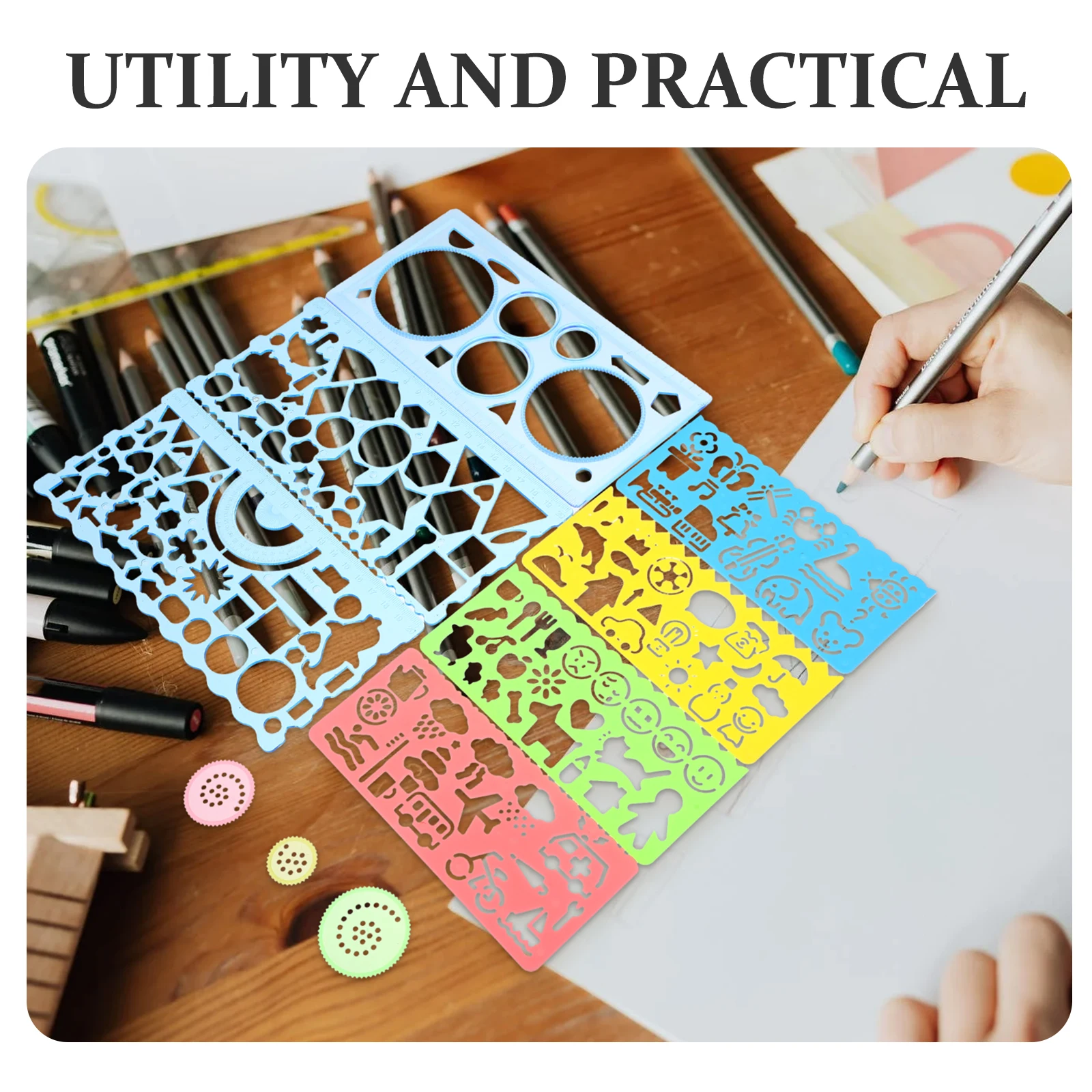 

1 set 7-Piece Drawing Ruler Set Geometric Templates Multi-functional Stencils Artists Students School Use Portable PP Material