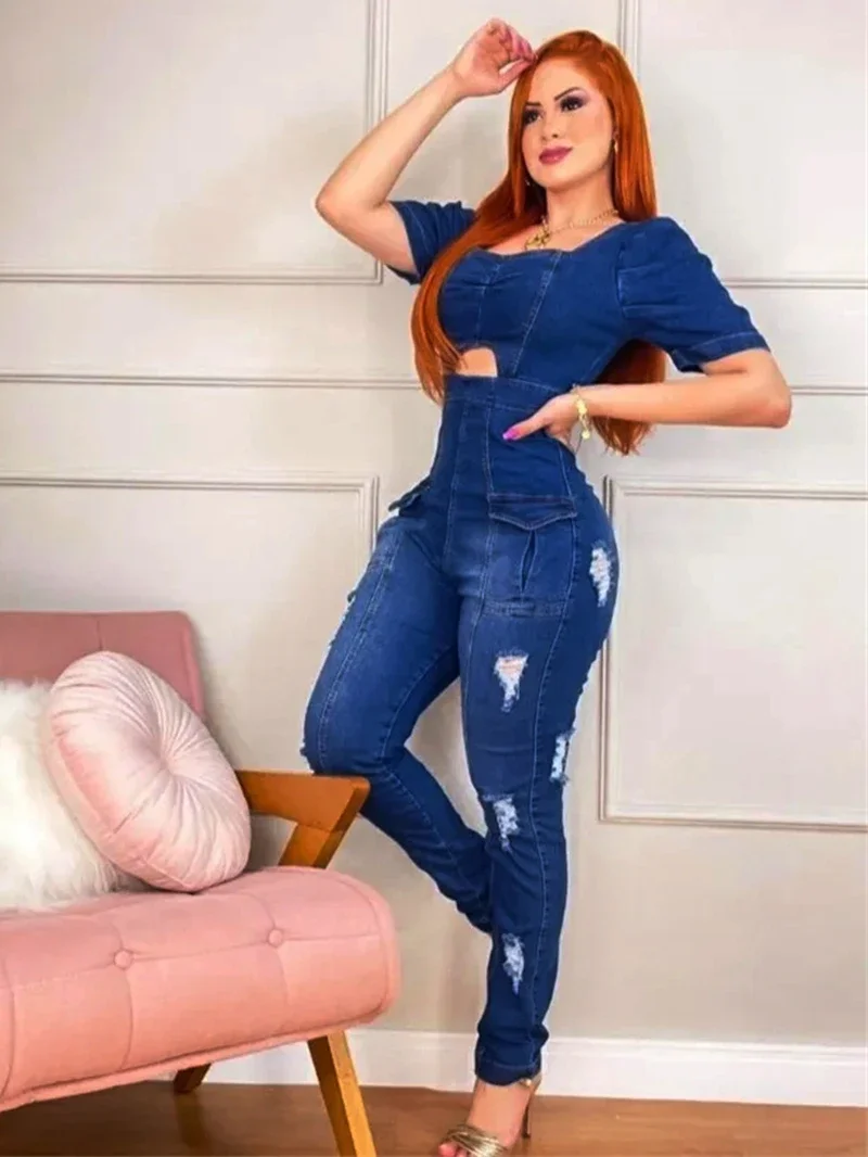 Vintage Ripped Denim Jumpsuits for Women Summer Y2K Clothing Short Sleeve Hollow Out Jean Rompers Playsuits One Pieces Overalls