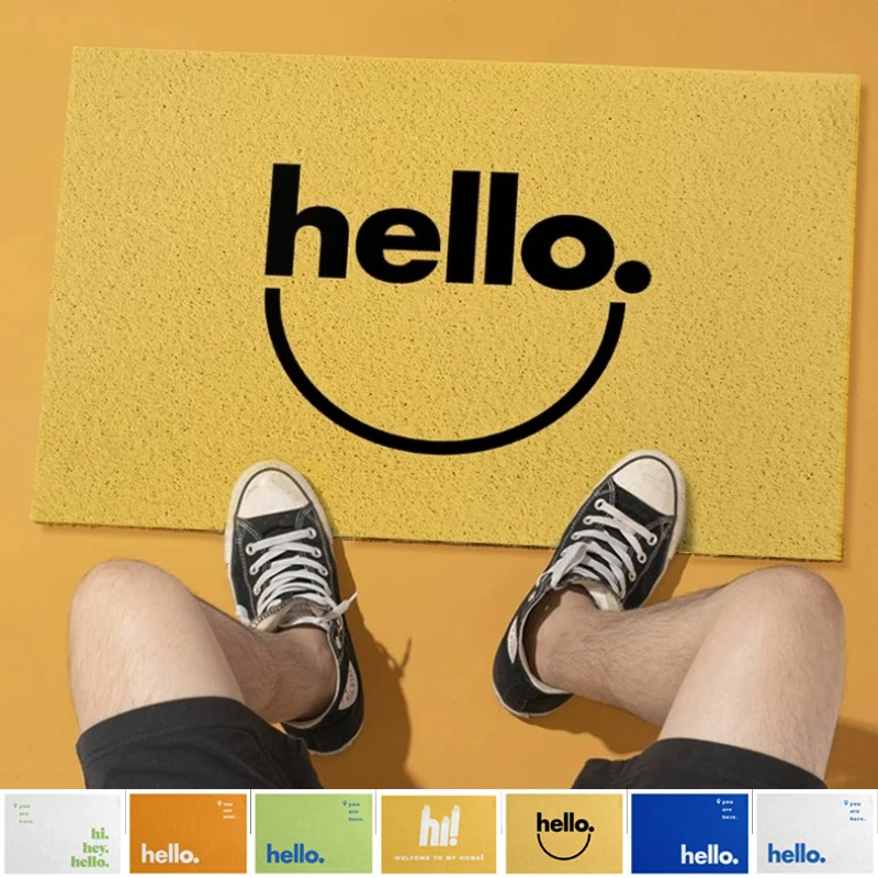 Fashion Welcome PVC Coir Doormat Hello Slogan Printed Design Non‑Slip Backing Wire Loop Rug for Entryway Porch Patio Home Decor