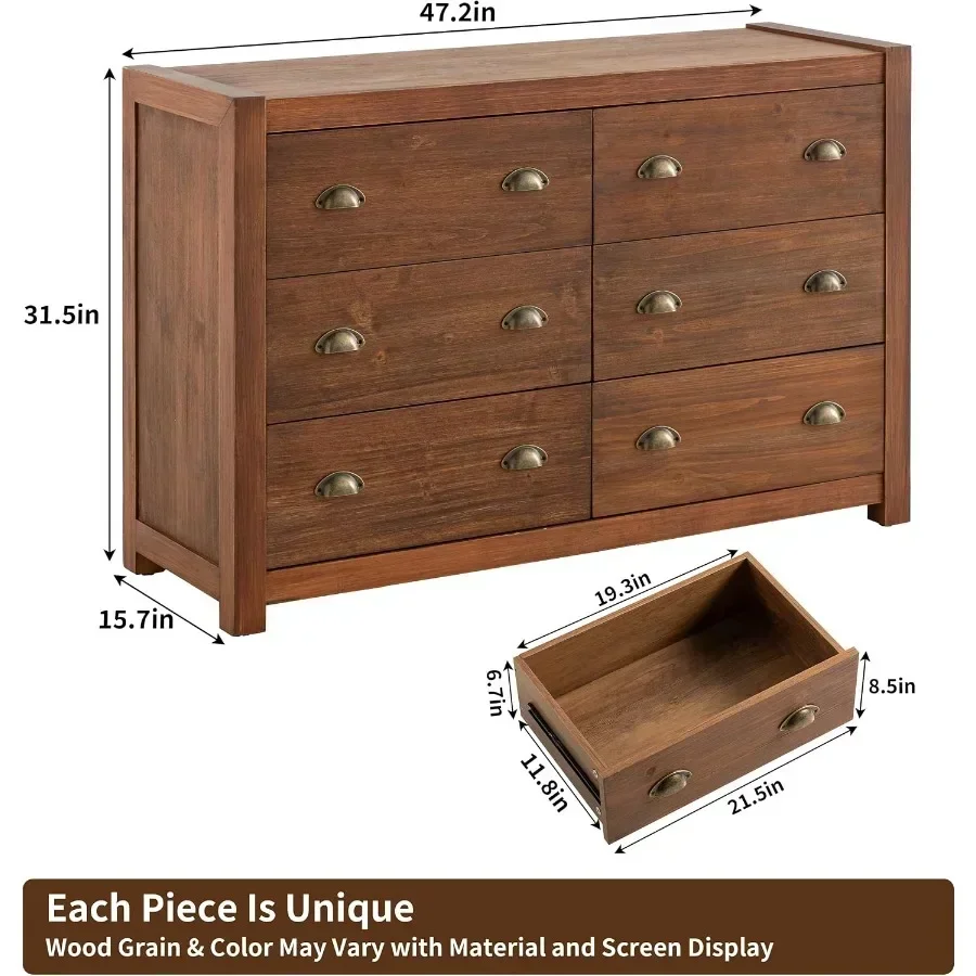 Vintage 6 Drawer Dresser, Solid Wood Frame Construction, Wood Veneer Finish with Rustic Grain Texture, Chest of Drawers Storage
