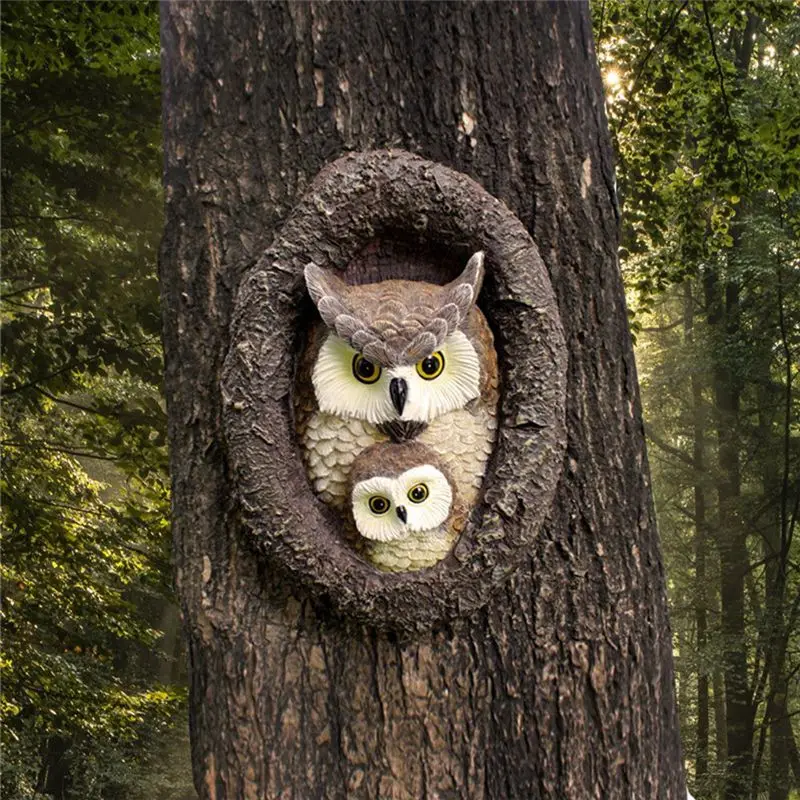 AEE4-Mother And Child Owl Tree Hole Pendant Mini Cute Owl Ornaments Outdoor Tree Hanging Yard Garden Pendant Owl Decoration