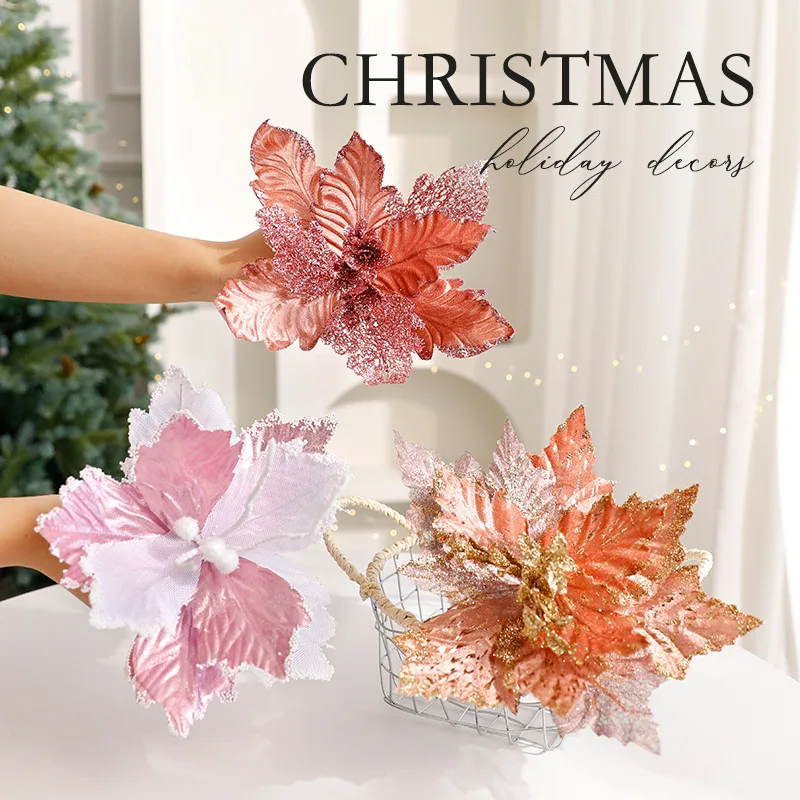 1PC Christmas Gold Silver Imitation Flower Xmas Tree Sequins Artificial Flowers DIY Ornaments for Festival Party New Year Decor