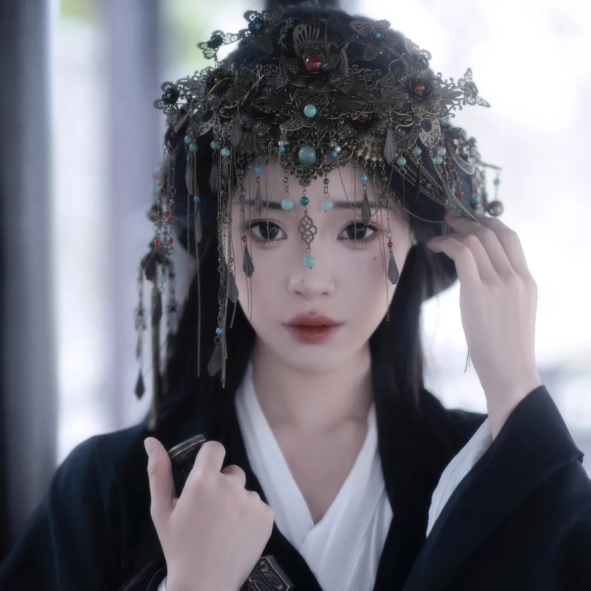 Handmade Bronze Headdress Antique Style Chinese Vintage Nuo Opera Headwear Traditional Cultural Hair Accessory Set