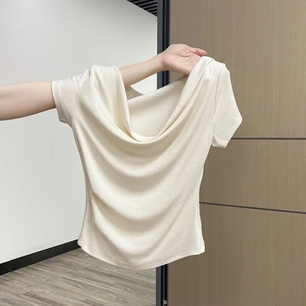 

Casual Ruffle Short Sleeve T-shirt Slim Fit Pullover Y2K Crop Top Women Simple Chic Off Shoulder Basic Tees Shirts Summer