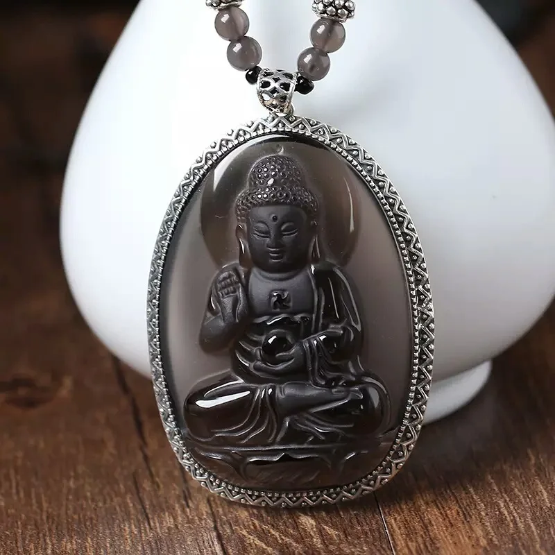 Rough Stone Silver S925 Edging Icy Obsidian Eight Buddha Birth Year Guardian God Zodiac Pendants