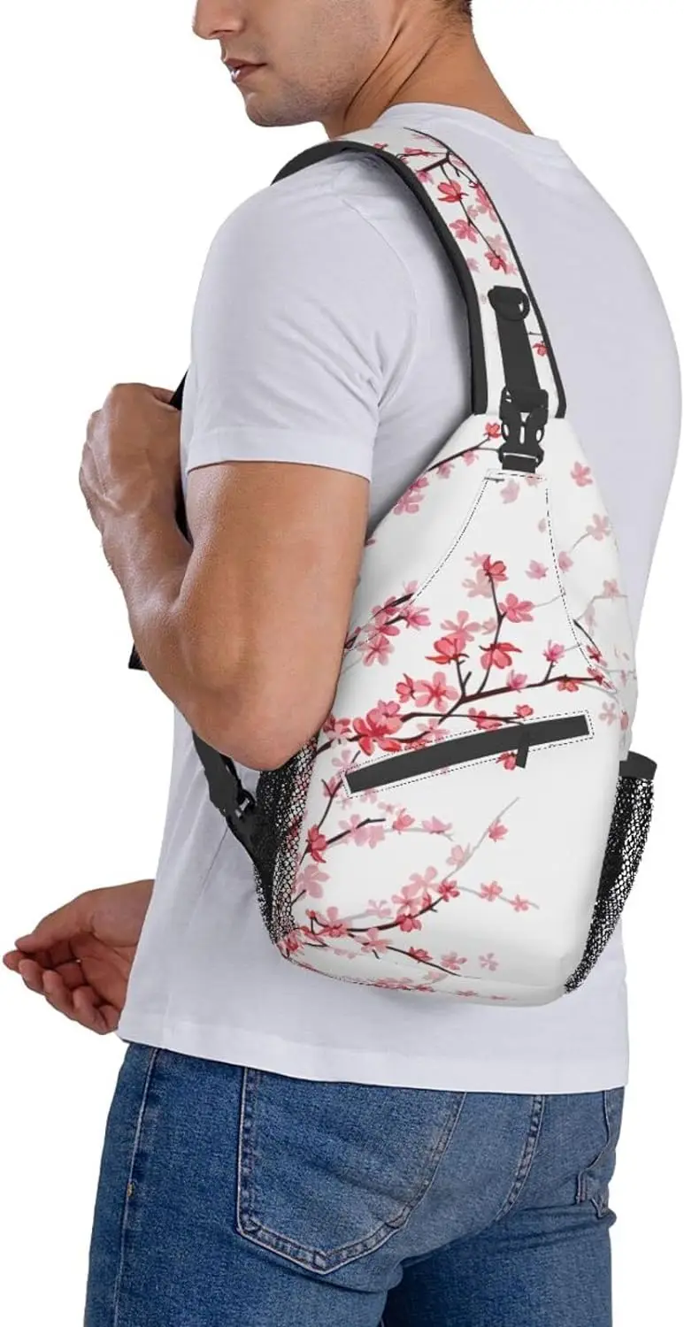 Rosa Sakura modelado Sling Bag, Mochila Crossbody, Bolsa Peito Ajustável, Ombro Casual, Viagem, Caminhada Daypack, Unisex