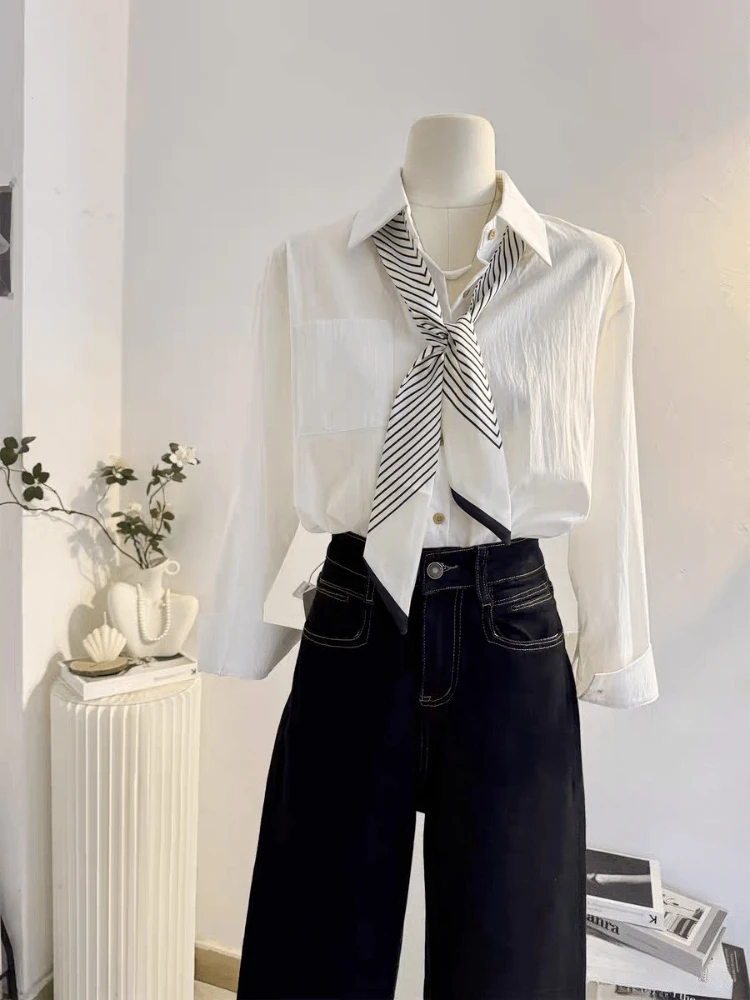 Chic White Polo Shirt Women Long Sleeve 2026 Spring Summer Loose Fit Temperament Work Blouse Tops