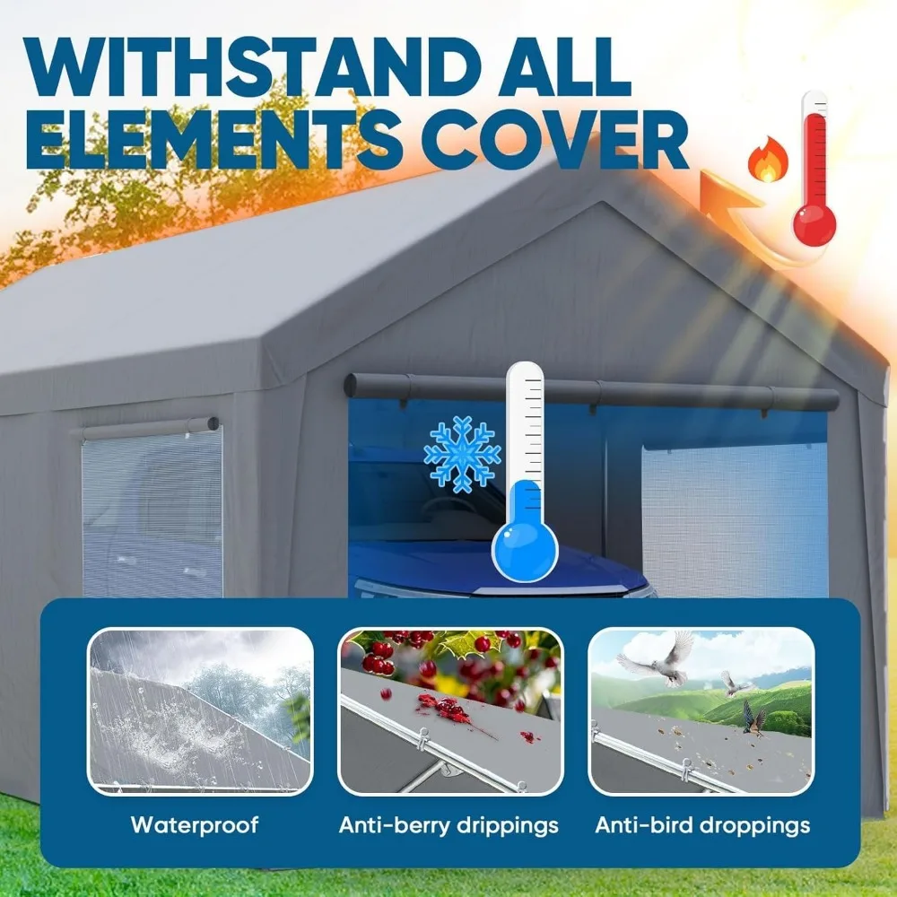 مظلة مرآب شديدة التحمل مقاس 10 × 20 قدم، مأوى جراج خارجي، هيكل معزز، خيمة سيارة مجلفنة، حماية للقوارب مع لفة