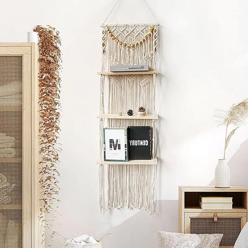 

Macrame Wall Shelf 3 Tier Tassel Shelves For Wall Tapestry Boho Shelves Organizer Hanger For Home Indoor Plant Wall Shelf