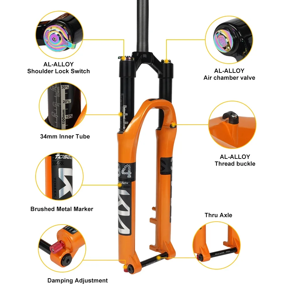 TOSEEK KN34-TZ Thru Axle Magnesium Alloy MTB Fork 26/27.5/ 29er Inch Mountain Bicycle RL120mm Air Suspension Bike Fork