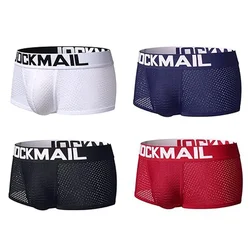 Jockmail boksörler seksi erkek külot örgü çabuk kuruyan nefes Calzoncillos düz renk basit boksörler Hombre yarı şeffaf