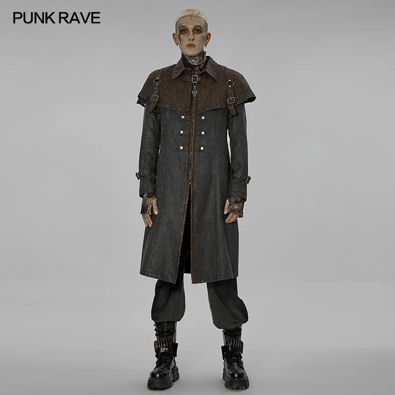 

PUNK RAVE Men's Post-apocalyptic Style Texture Jacket Steampunk Fake Two Pieces Casual Handsome Long Men Clothing