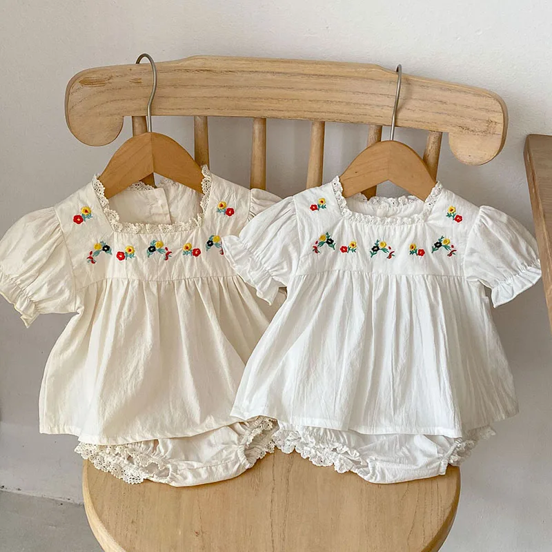 

Newborn Baby Girl Clothes Sets Summer New Embroidery Bubble Short Sleeve Tops+ Bread Shorts 2Pcs Toddler Infant Clothing 0-24M