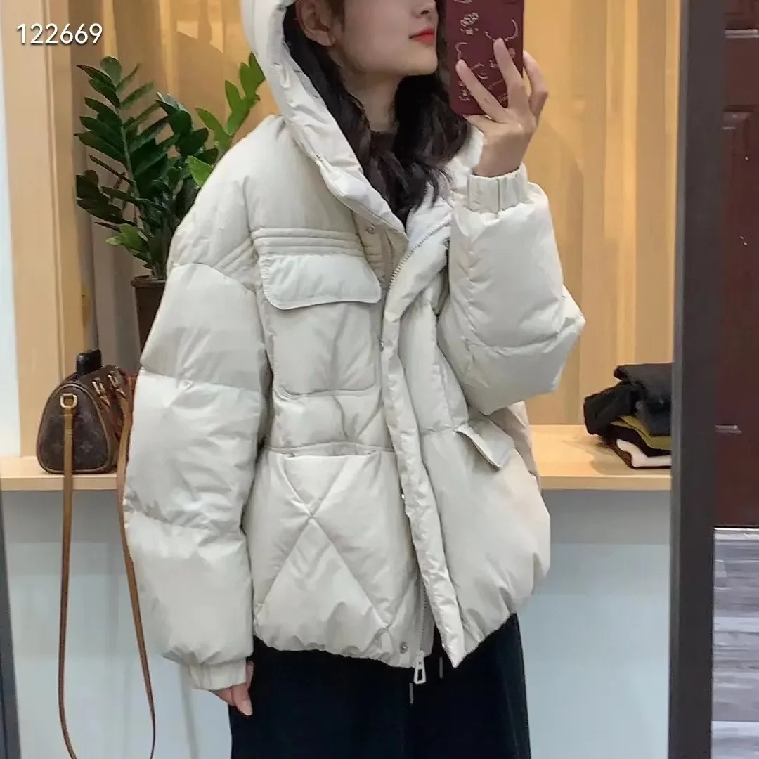 New Winter Women\'s Jackets 2024 Loose Over Size Outwear White Duck Down Puffer Jacket Loose Hooded Versatile Short Down Coats