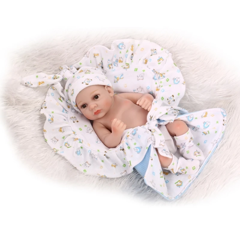 Full Silicone Doll Reborn Baby Doll Play Dolls 10inch 25cm Full Vinvl Body Washable With Quilt Lifelike Cute Gifts  Blue Boy