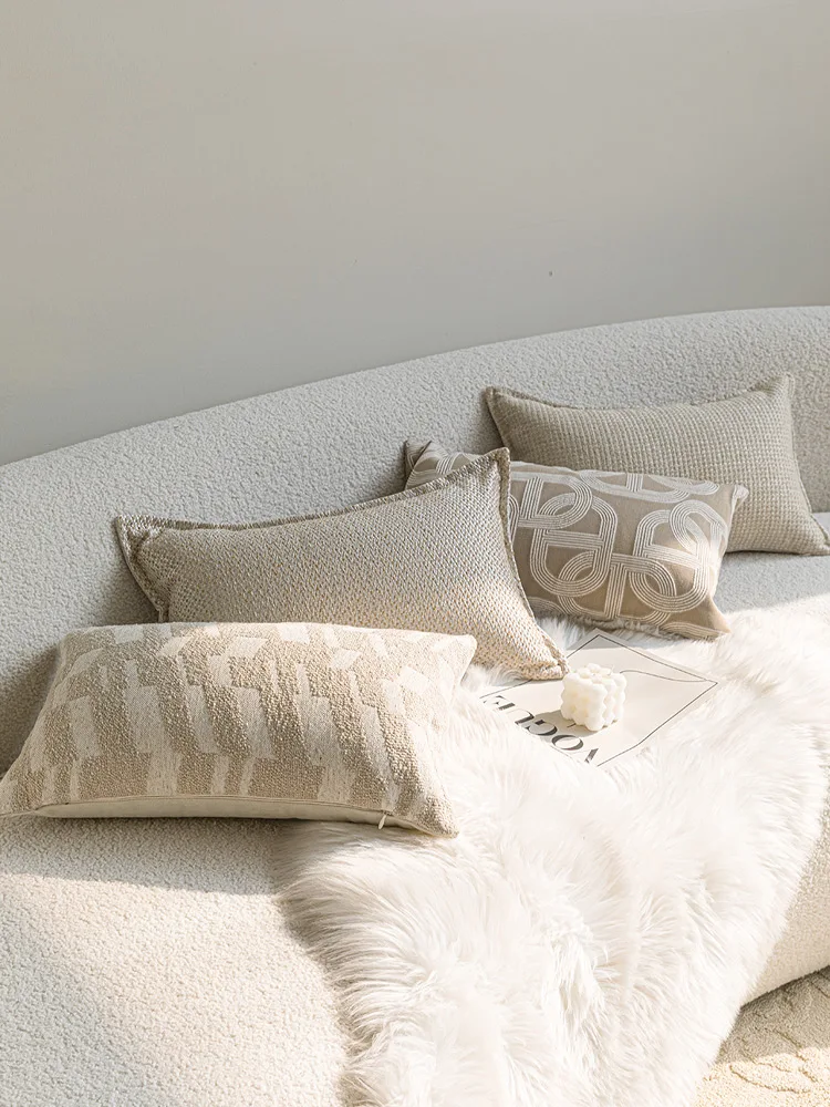 Modern Mid-Century Style Rectangular Sofa Pillows Oatmeal Floral Embroidery Sample Room High-End Feelings Couch Cushions