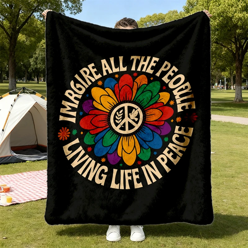 Imagine All The Peoele Living Life In Peace Warm Blanket, Floral Daisy Peace Sign Soft Blanket, Hippie Comfy Blanket, Y2