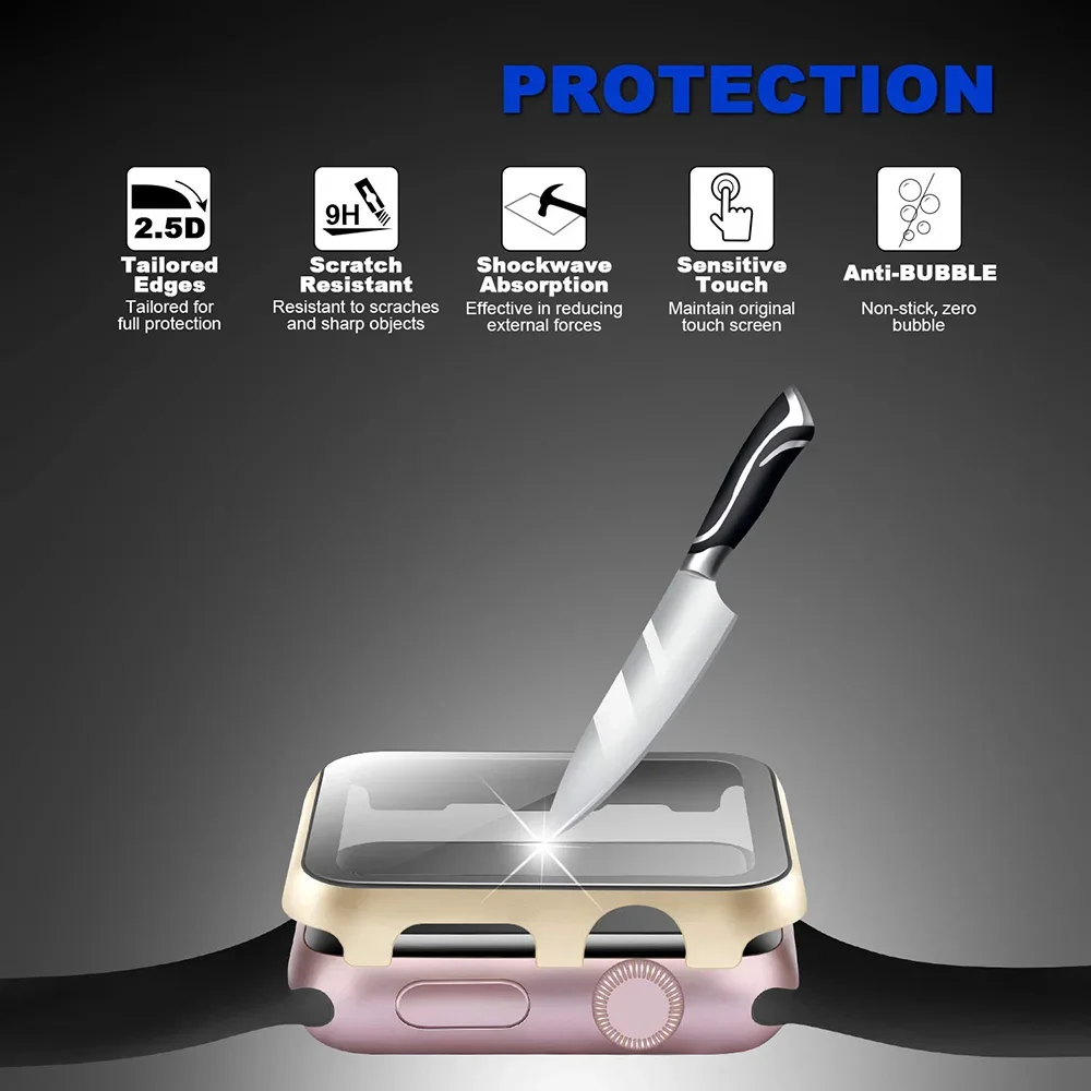 Metal Case + Tempered Film glass for Apple Watch 45mm 41mm 40mm 44mm 38mm 42mm Cover iWatch 9 8 7 6 5 4 3 SE Protective Case