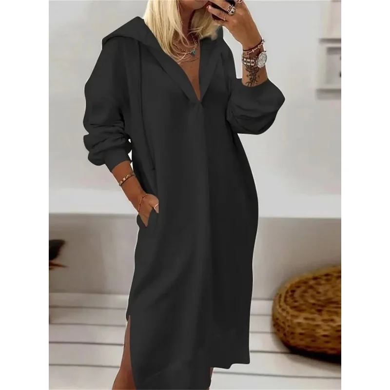 New Hooded Sweatshirt Dress Women Fashion Solid Long Sleeve Hoodies Dresses For Women Autumn Winter Warm Fleece Casual Dress