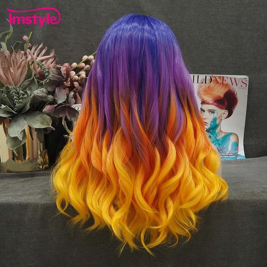 Imstyle Ombre Purple Orange Wig Synthetic Lace Front Wig Natural Wavy Colorful Wigs For Women Party Cosplay Wig Heat Resistant