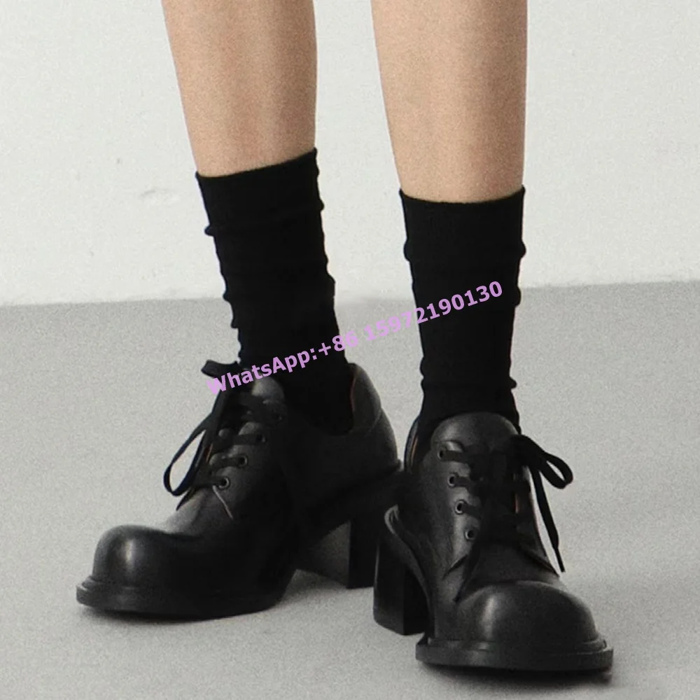 

Black Round Toe Pumps Square Heels Lace Up Black Niche Design Retro Shallow Leisure Shoes Couples Leather Leisure Concise Shoes