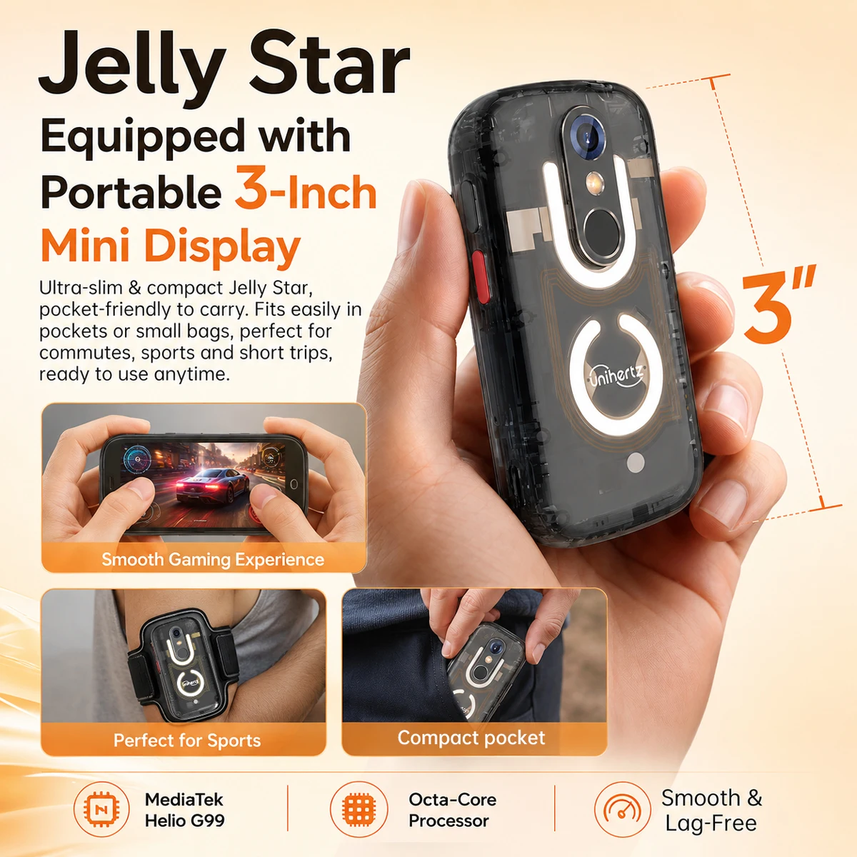 Unihertz Jelly Star Mini Smartphone Android 13 8GB 256GB Led Light Unlocked Transparent Backshell Cellphones 48MP Portable Phone view 2
