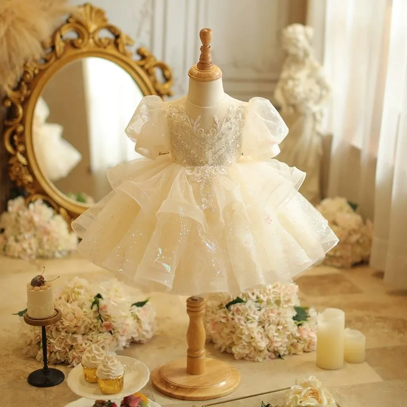 

Baby Girls Birthday Dress Elegant Princess Gown High-End Sequin Tulle Tutu Dresses Cake Toddler Party Clothes Children Dress