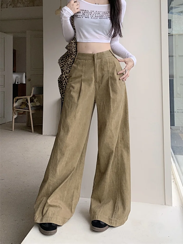 2025 cyber y2k moda angustiado cáqui baggy calças jeans plissadas para mulheres 90s roupas vintage kpop perna larga senhora calças compridas