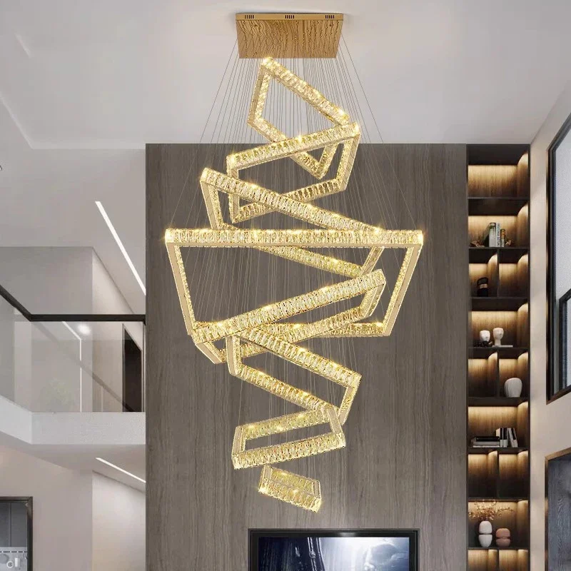 

Nordic Square Crystal Design Pendant Lights Dimmable for Villa Duplex Building Hotel Stair Chandelier Home Decor Hanging Fixture